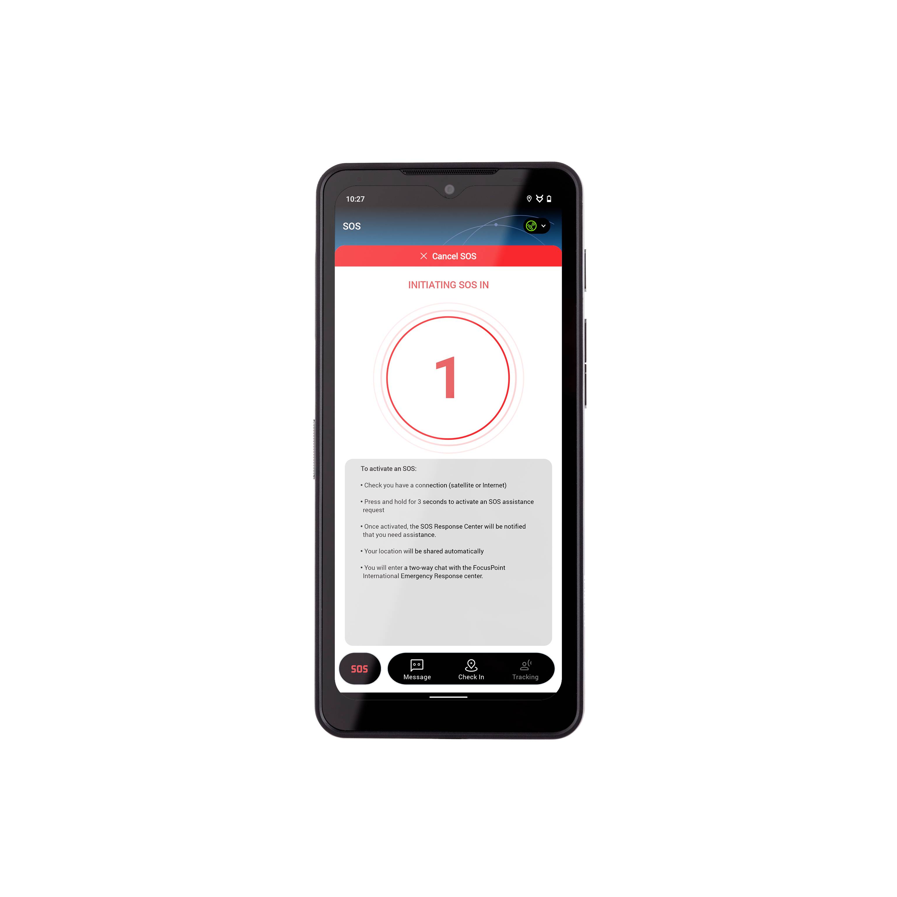 Smartphone toont SOS-scherm met aftellen en instructies om de noodoproep te annuleren of te bevestigen.