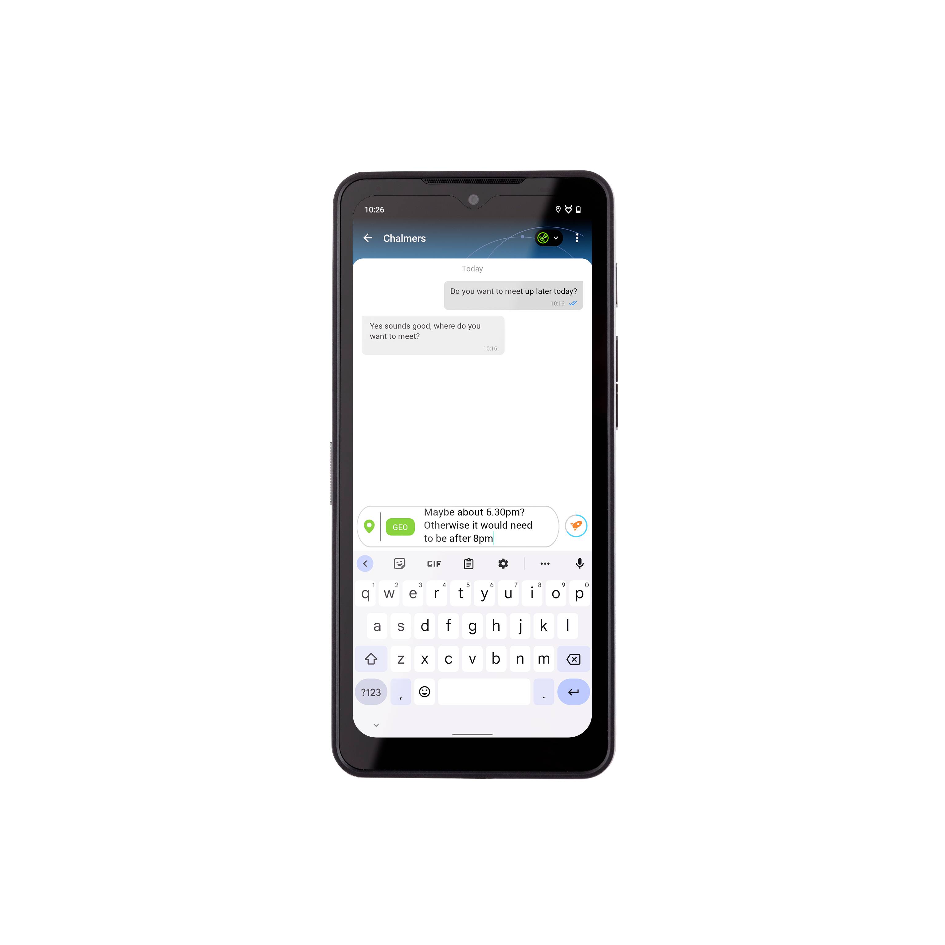 Een smartphone toont een chatgesprek. Het bericht op het scherm vraagt: 'Wil je later wat gaan eten?' Het volgende bericht geeft een tijd aan.