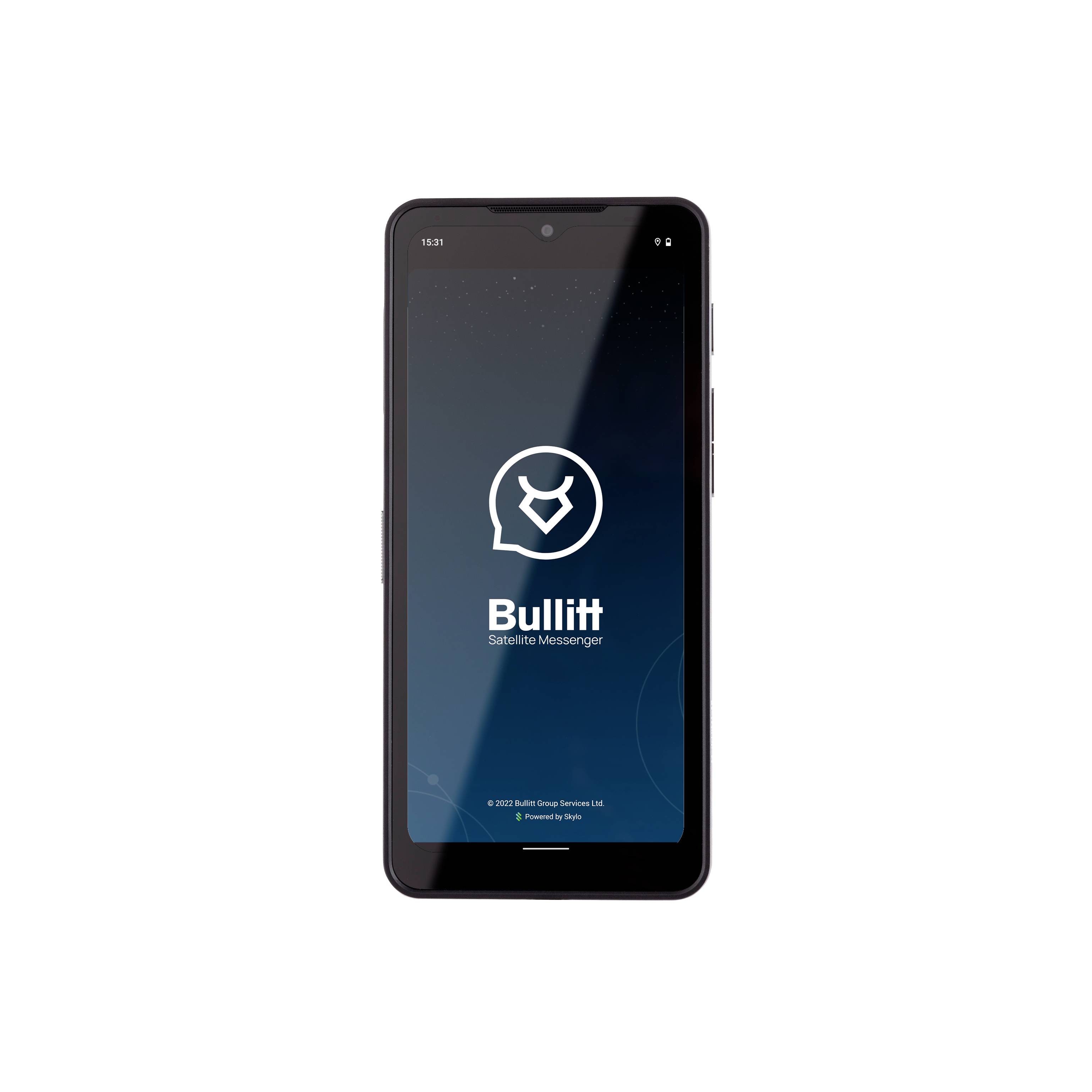 Smartphone met het startscherm van de Bullitt Satellite Messenger-app. Op het display zijn het app-logo en de naam zichtbaar.