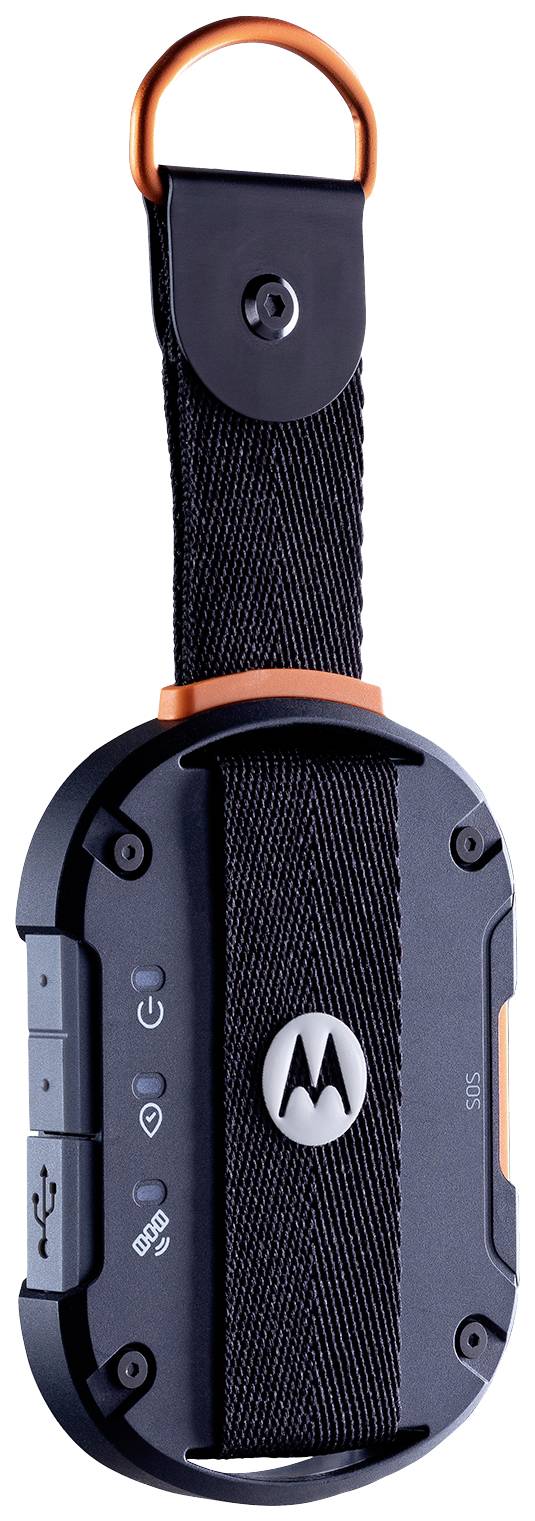 Draagbaar communicatieapparaat met zwarte band en oranje accenten, bevat USB- en Bluetooth-symbolen.