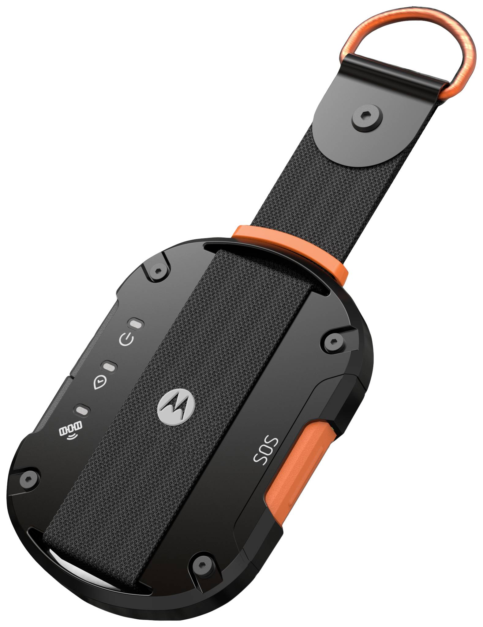 Mobiele noodcommunicator in zwart en oranje, met SOS-knop en draaglus. Ontworpen voor veiligheid bij buitenactiviteiten.