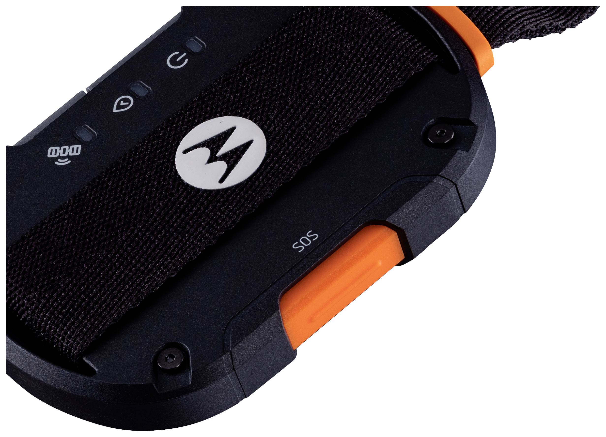 Een zwart elektronisch apparaat met een oranje SOS-knop en een Motorola-logo in het midden. Dient waarschijnlijk voor communicatie.