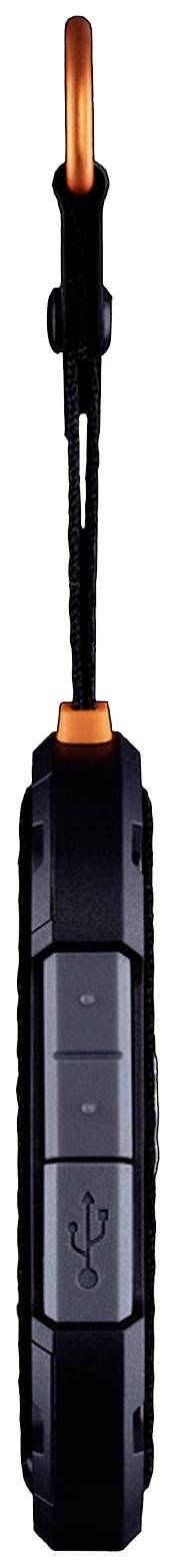 Zwart, draagbaar apparaat met USB-symbool, karabijnhaak en oranje detail bovenaan; geschikt voor buitenactiviteiten.