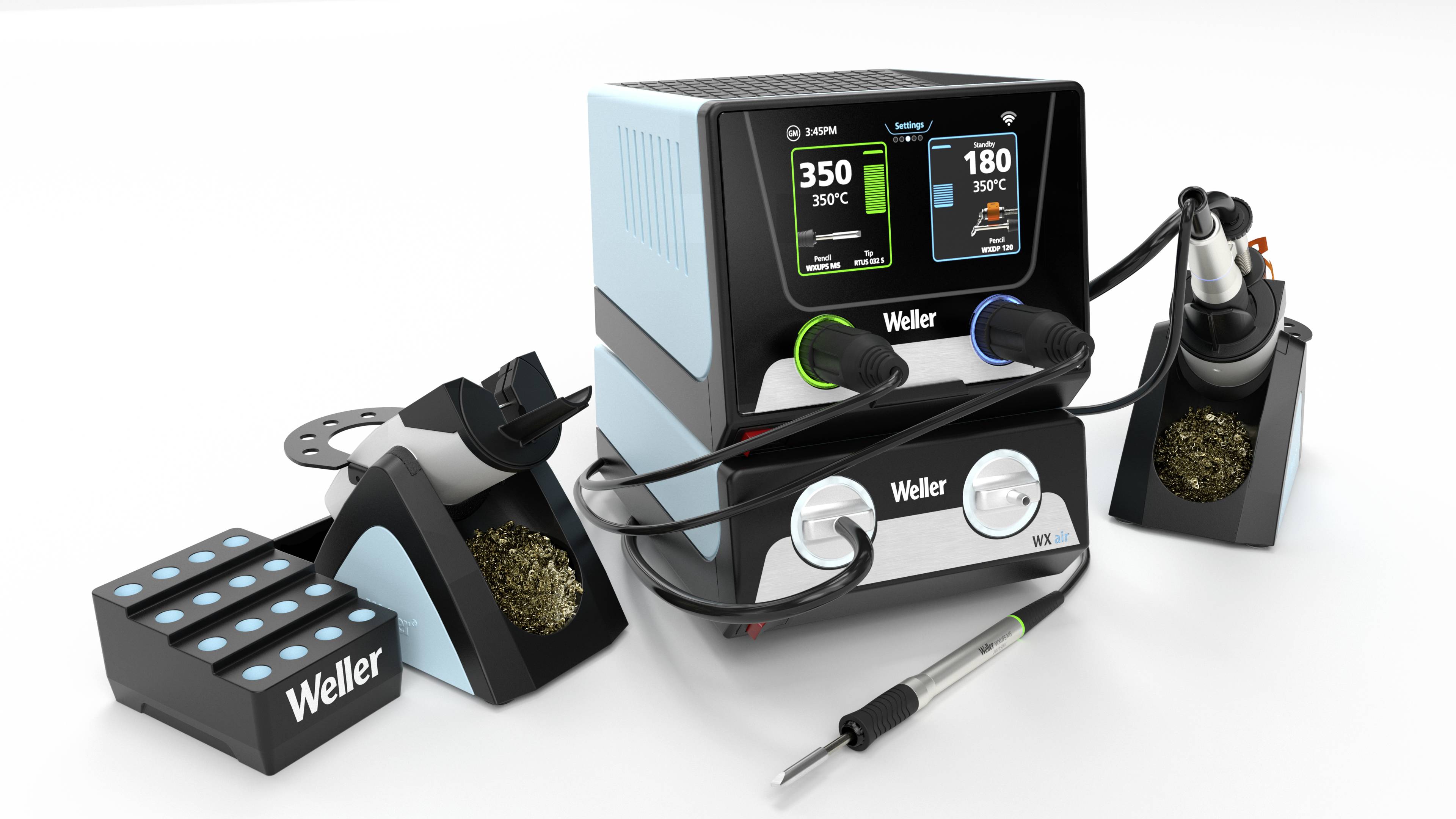 Soldeerstation van Weller met meerdere soldeer- en desoldeergereedschappen, temperatuuraanduiding op display, omringd door toebehoren en standaards.