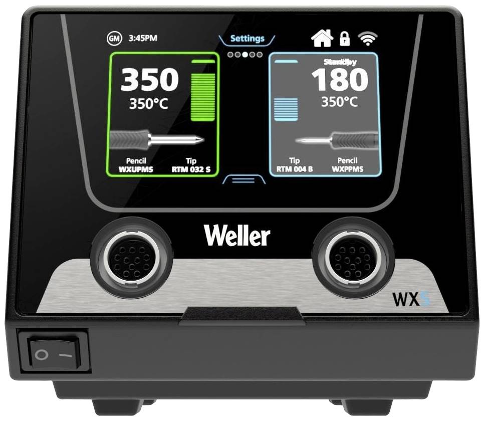 Tweekanaals soldeerstation van Weller met digitaal display. Links: 350°C, rechts: 180°C. Bovenaan tijdsaanduiding 3:45 's middags en instellingen-symbool.