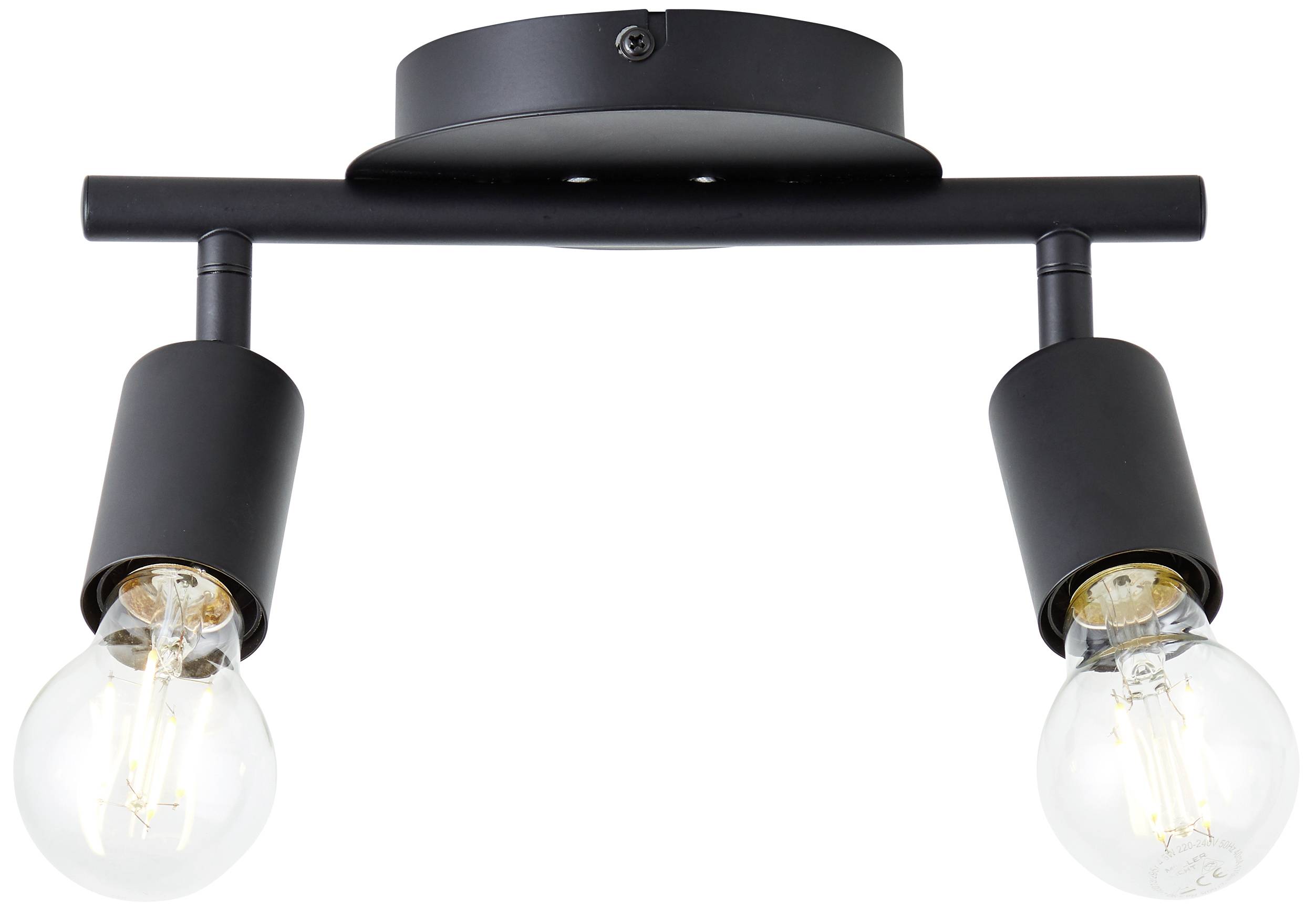 Een zwarte plafondlamp met twee gloeilampen die aan een horizontale stang hangen.