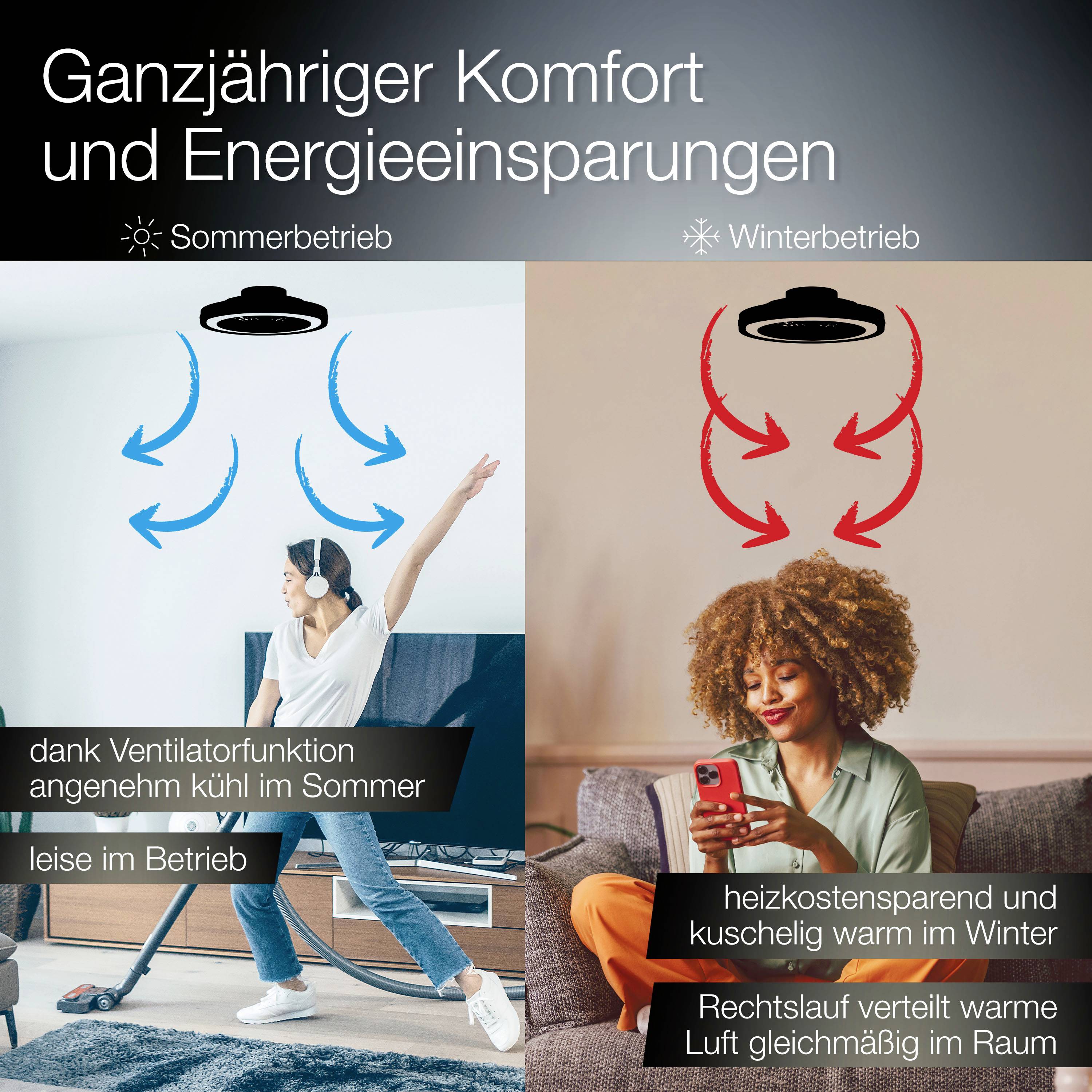'Zomermodus' toont ventilatorwerking, koelt stil. 'Wintermodus' toont verwarmingseffect, verspreidt warme lucht.
