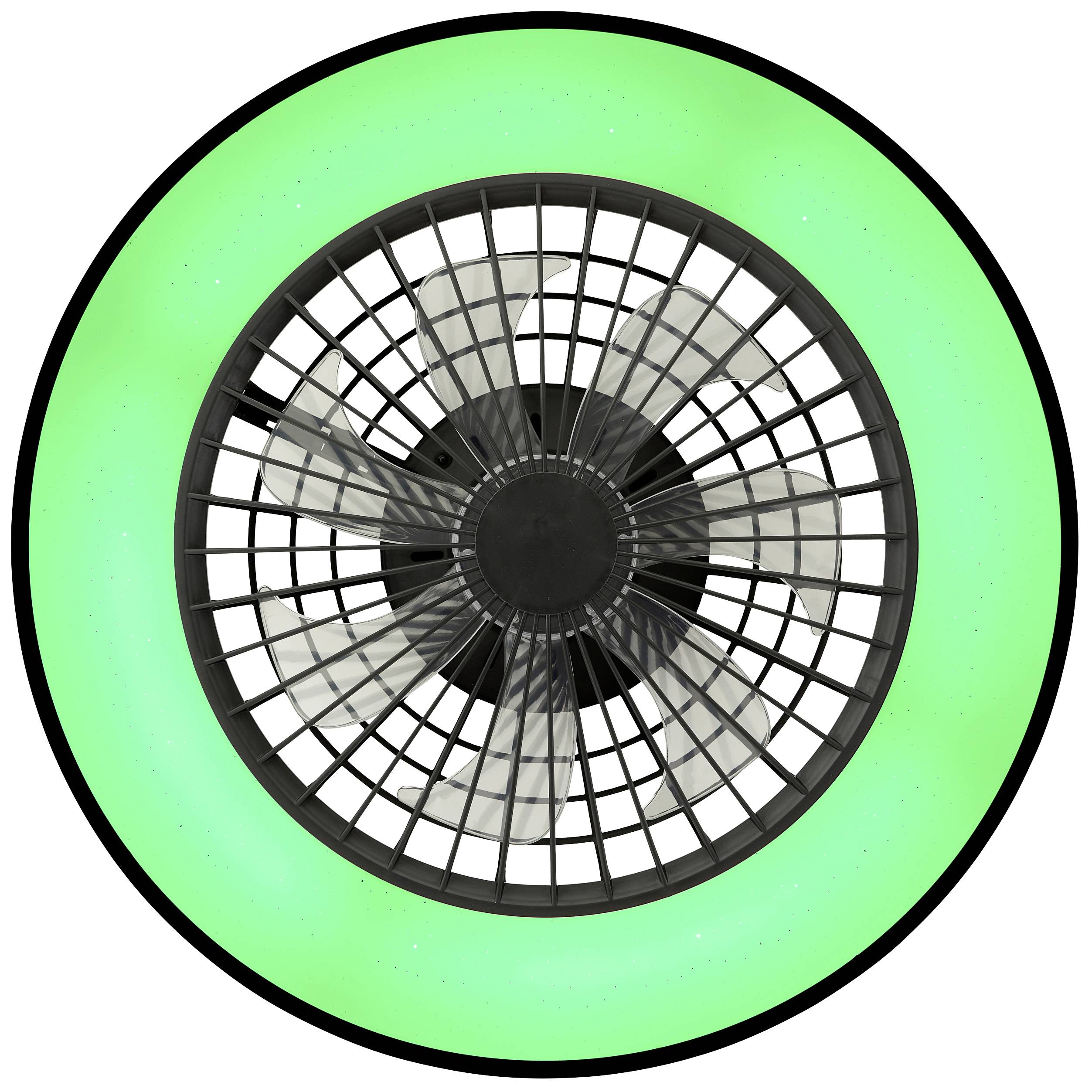 Een ventilator met een lichtgevende groene ring draait rond, omgeven door een beschermingsrooster.