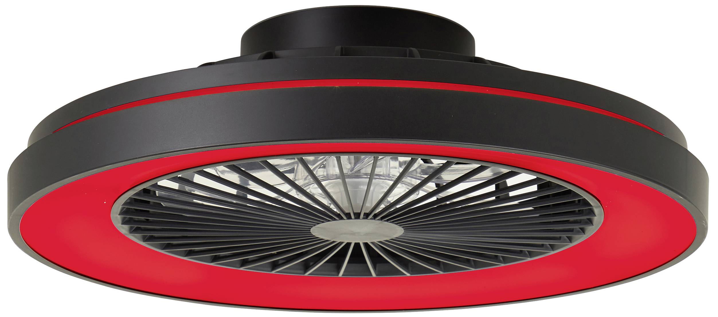 Ronde zwarte plafondlamp met rode accenten en een ventilatorrooster in het midden. Verlicht ruimtes en zorgt voor luchtcirculatie.