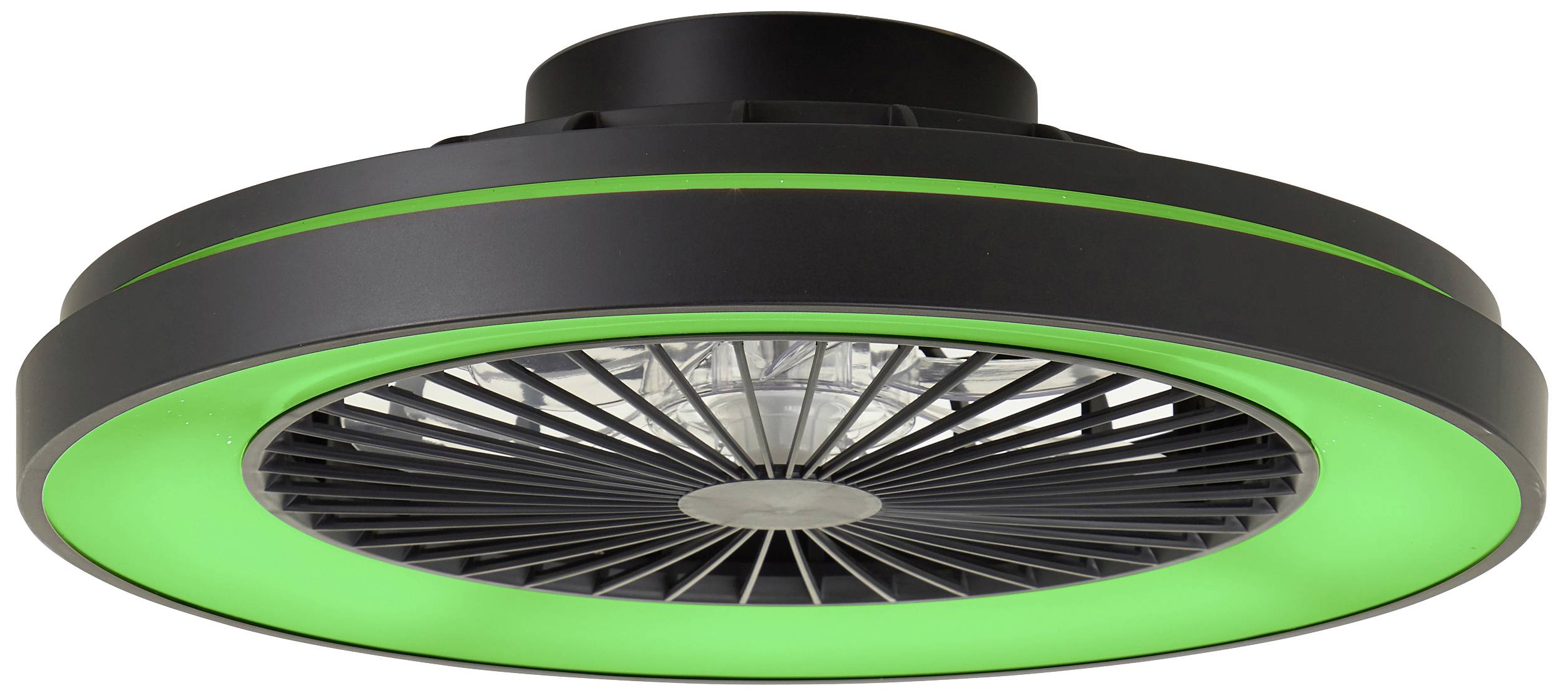Ronde LED-plafondlamp met zwarte behuizing en groen oplichtende ring.