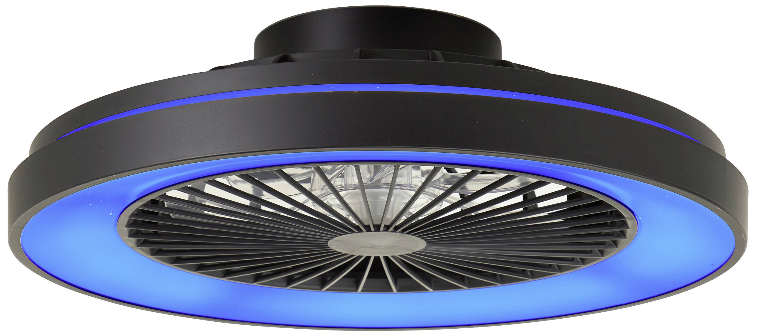 Een ronde plafondventilator met blauw LED-verlichting aan de rand.