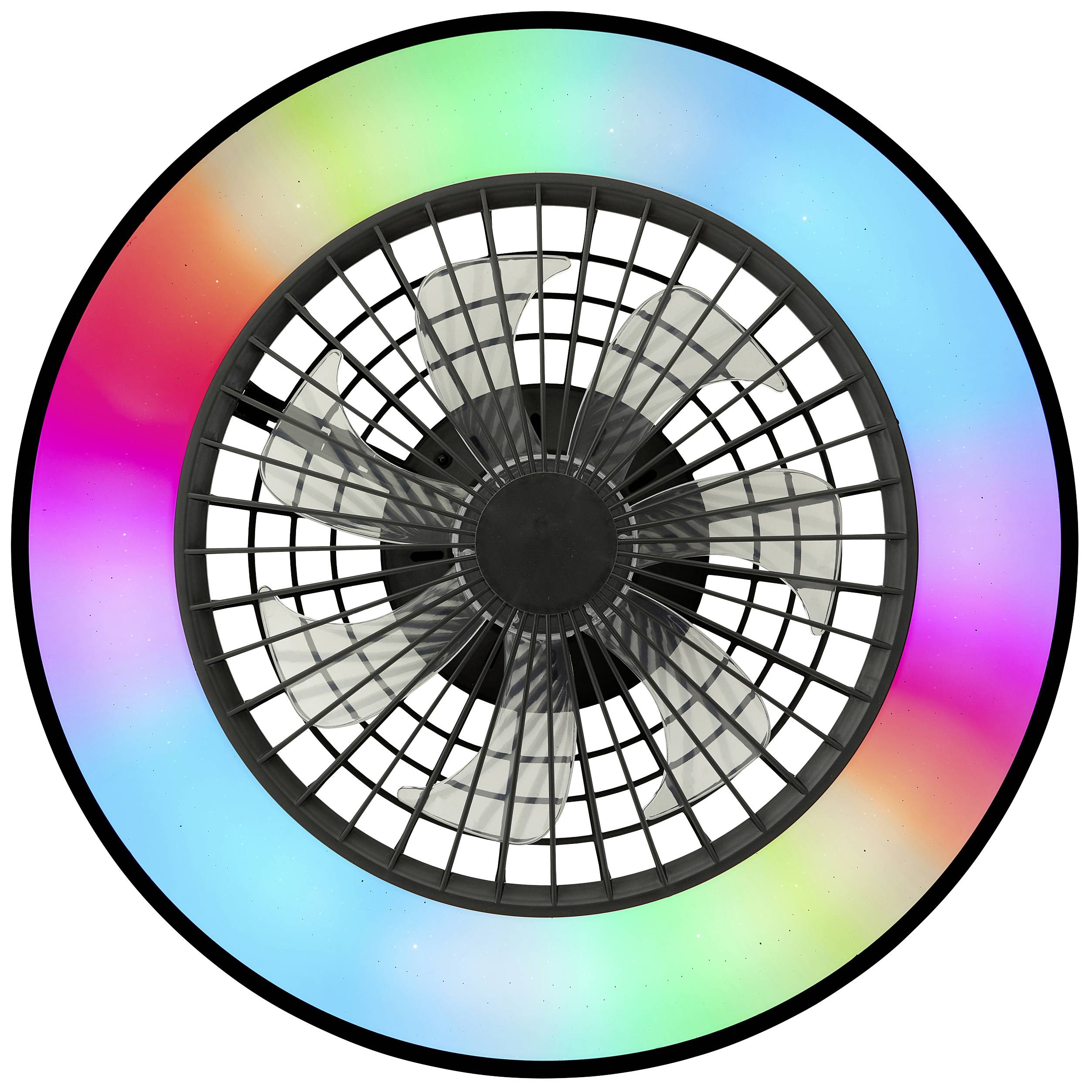 Een ronde ventilator met een zwart rooster draait rond. Kleurrijke LED-verlichting in regenboogkleuren omringt hem en geeft een dynamische uitstraling.