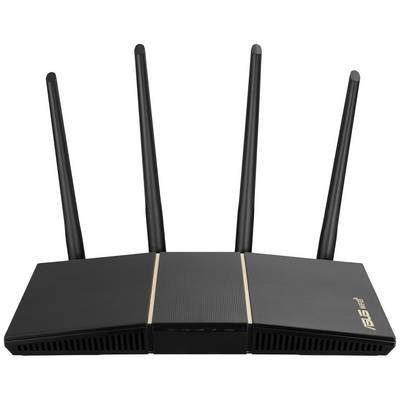 Een zwarte wifi-router met vier symmetrisch geplaatste antennes.