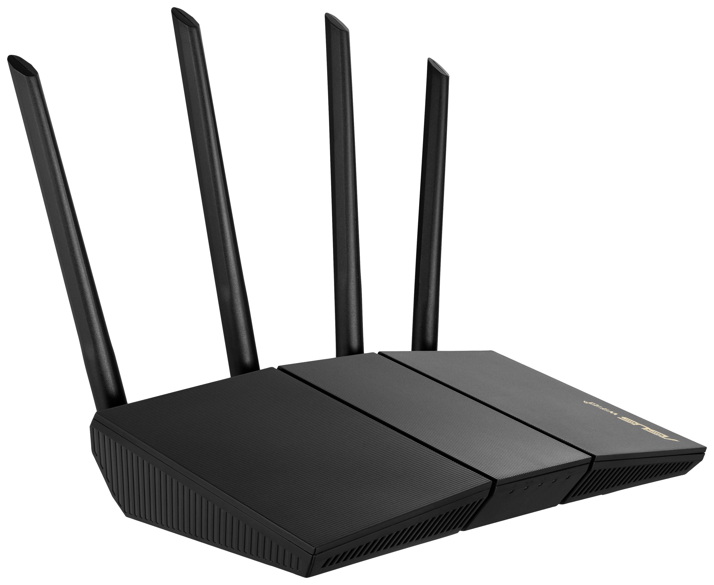 Een zwarte, moderne wifi-router met vier antennes die rechtop staat, waarvan het design wijst op hoge prestaties en bereik.