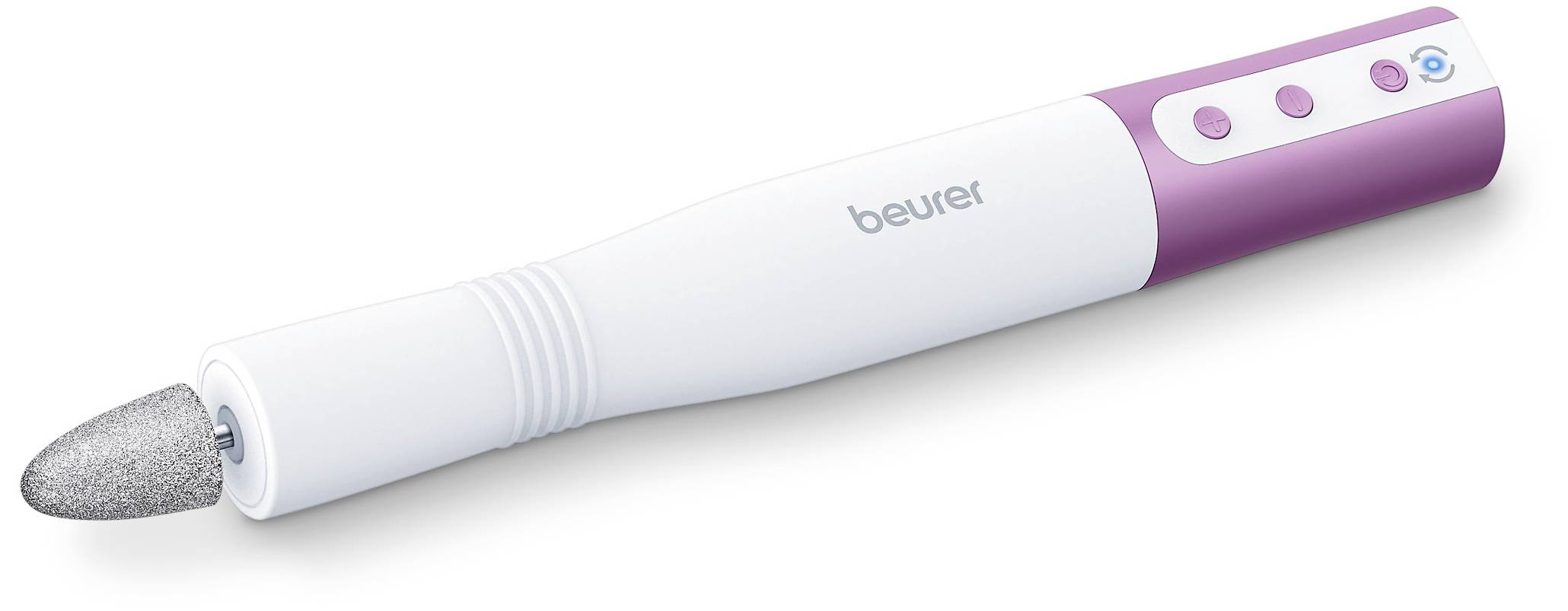 Manicure-pedicure-pen, paars en wit, met schuuropzetstuk; zijtoetsen voor bediening, merk 'beurer'. Ideaal voor nagelzorg.