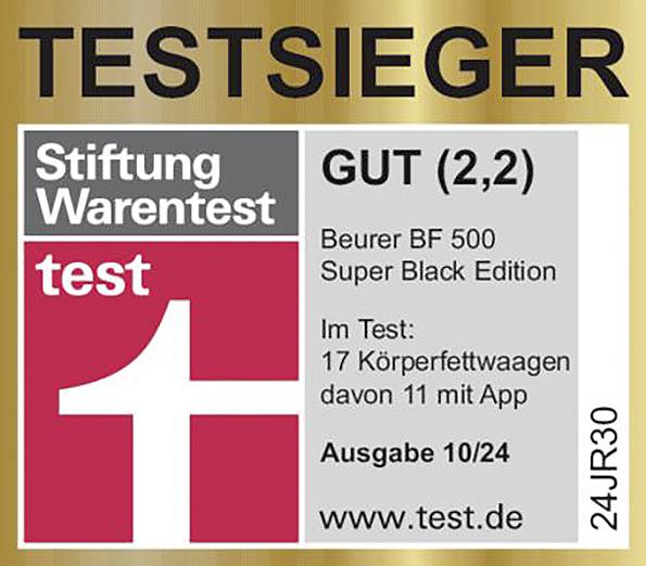 'Winnaar Stiftung Warentest' Logo. 'Goed (2,2)' beoordeling voor Beurer BF 500 Super Black Edition. Editie 10/24, www.test.de.