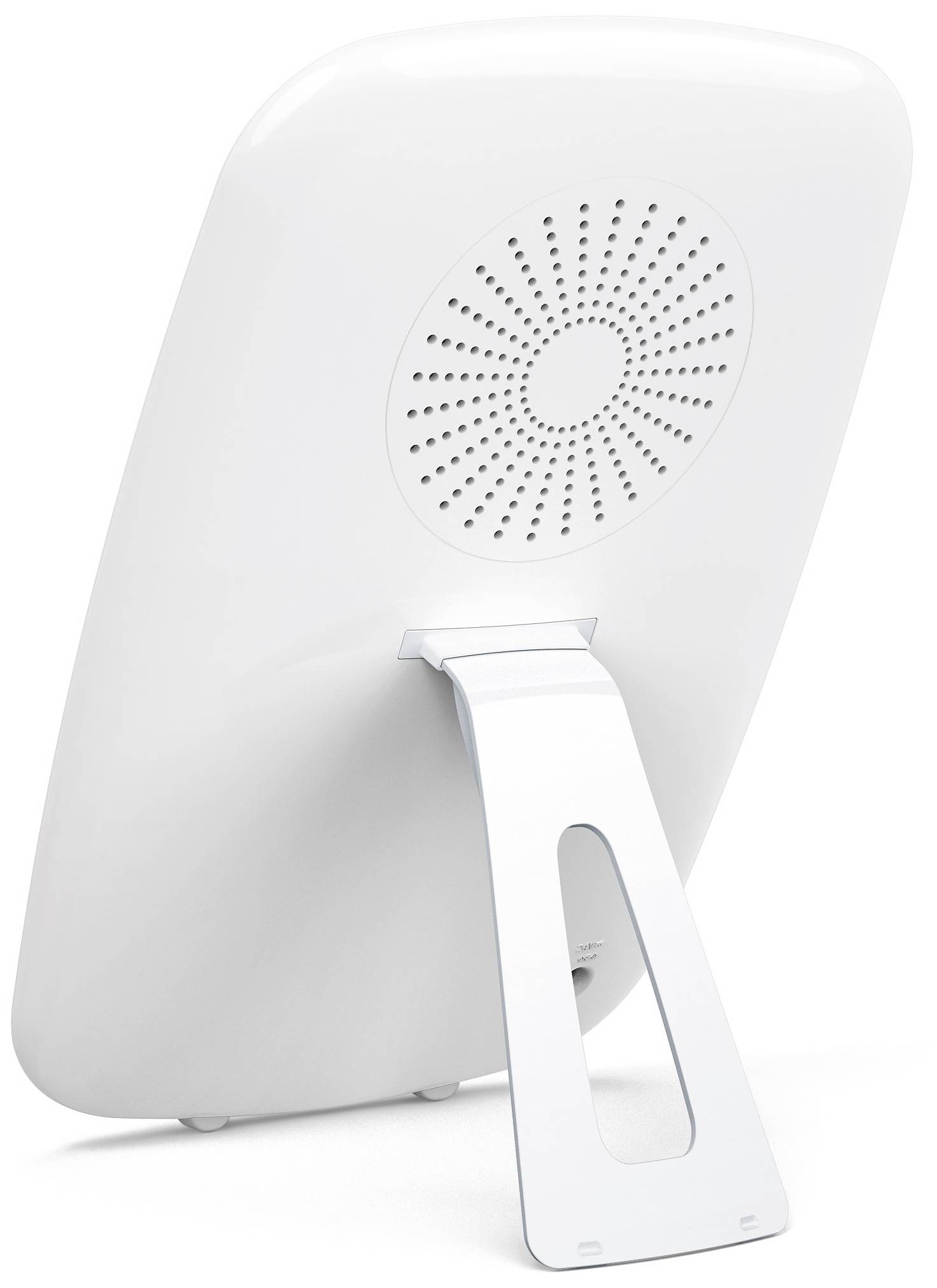 Een witte draagbare luidspreker met geïntegreerde handgreep en ventilatieopeningen aan de achterkant.