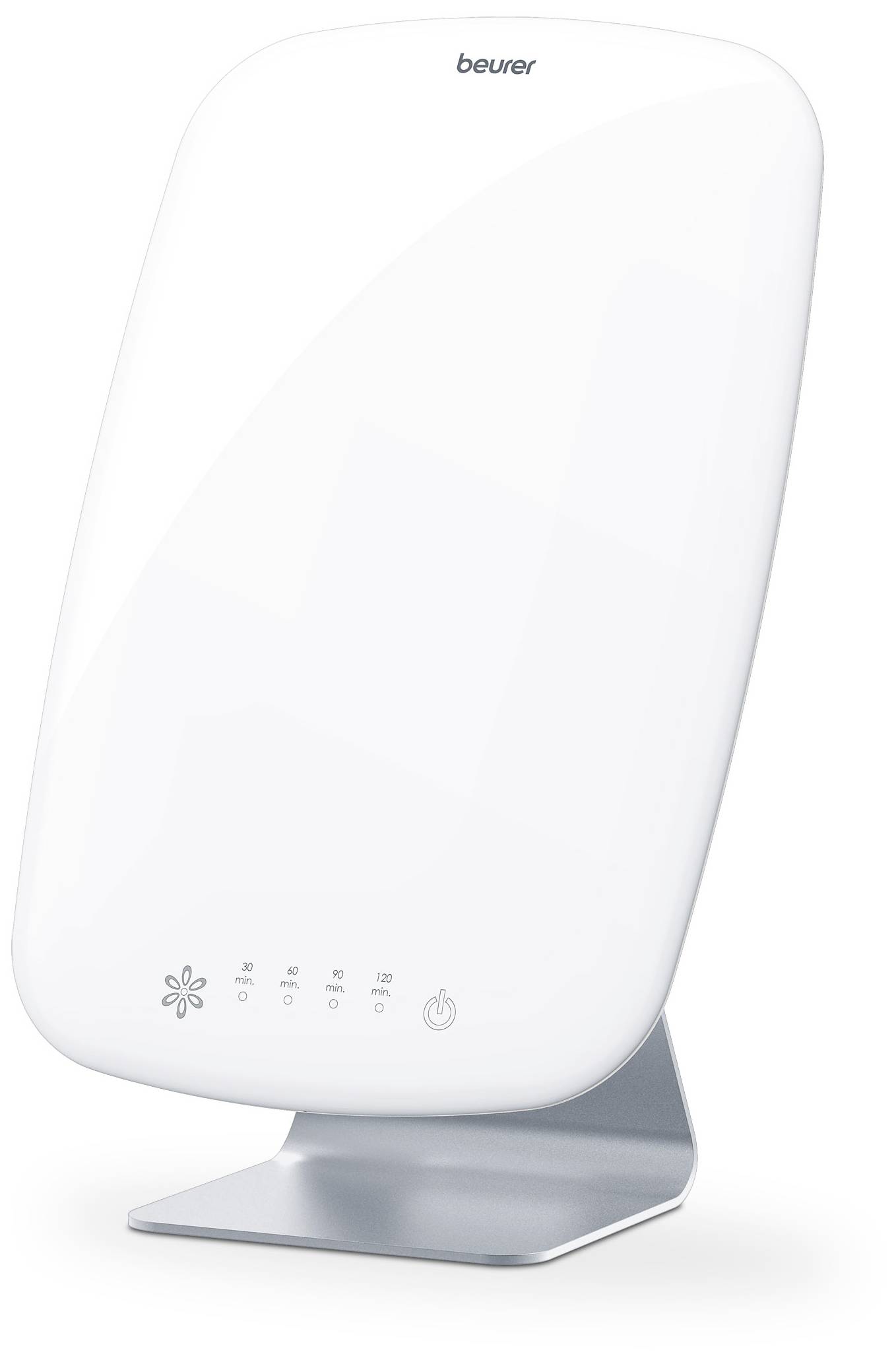Daglichtlamp op een tafel, het merk 'Beurer' is zichtbaar. Hij heeft een modern, minimalistisch design en wordt gebruikt voor lichttherapie.