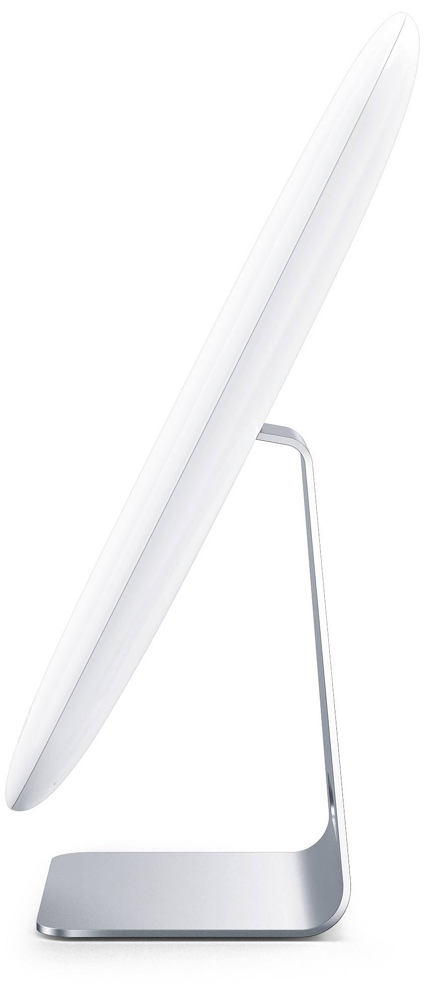 Zijaanzicht van een slanke monitor met metalen standaard, zichtbaar op een witte achtergrond.
