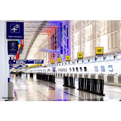Een leeg luchthaven check-in-gebied met verlichte balies, schermen en bewegwijzering voor vluchtinformatie.