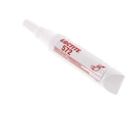 Buis met opschrift 'LOCTITE 512'. Bevat afdichtingsmiddel voor buizen. Wit met rode details.