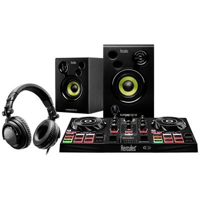DJ-controllerset bestaande uit twee luidsprekers, een koptelefoon en een mengpaneel met verschillende knoppen en schuifregelaars.