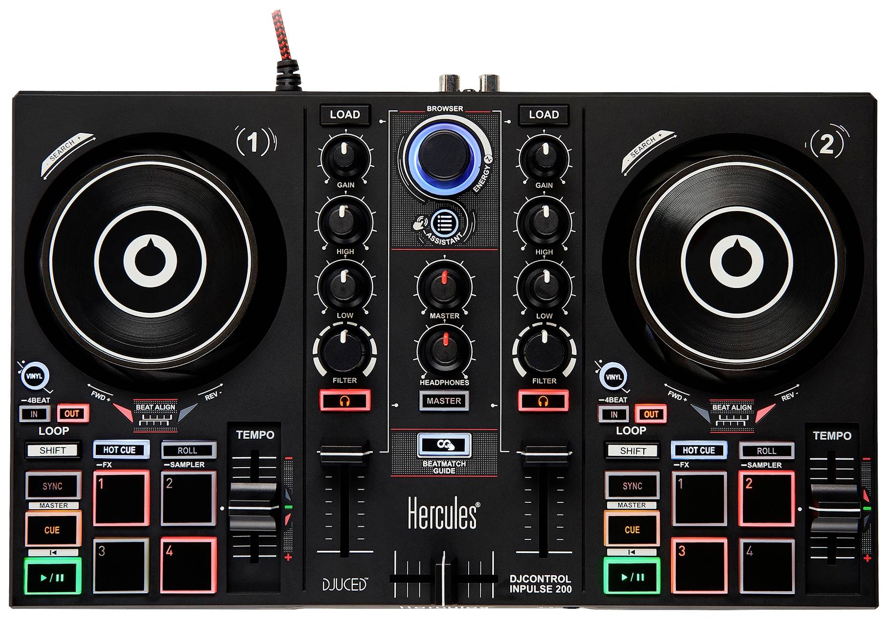 DJ-controller met twee jog-wheels, verschillende bedieningselementen en verlichte pads voor muziekmixing.