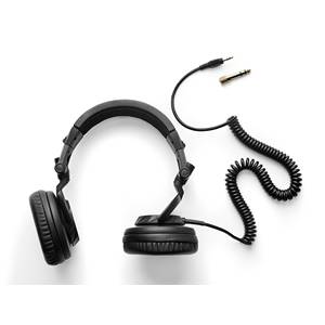 Koptelefoon met spiraalvormige kabel en jackplug, weergegeven in bovenaanzicht op witte achtergrond.