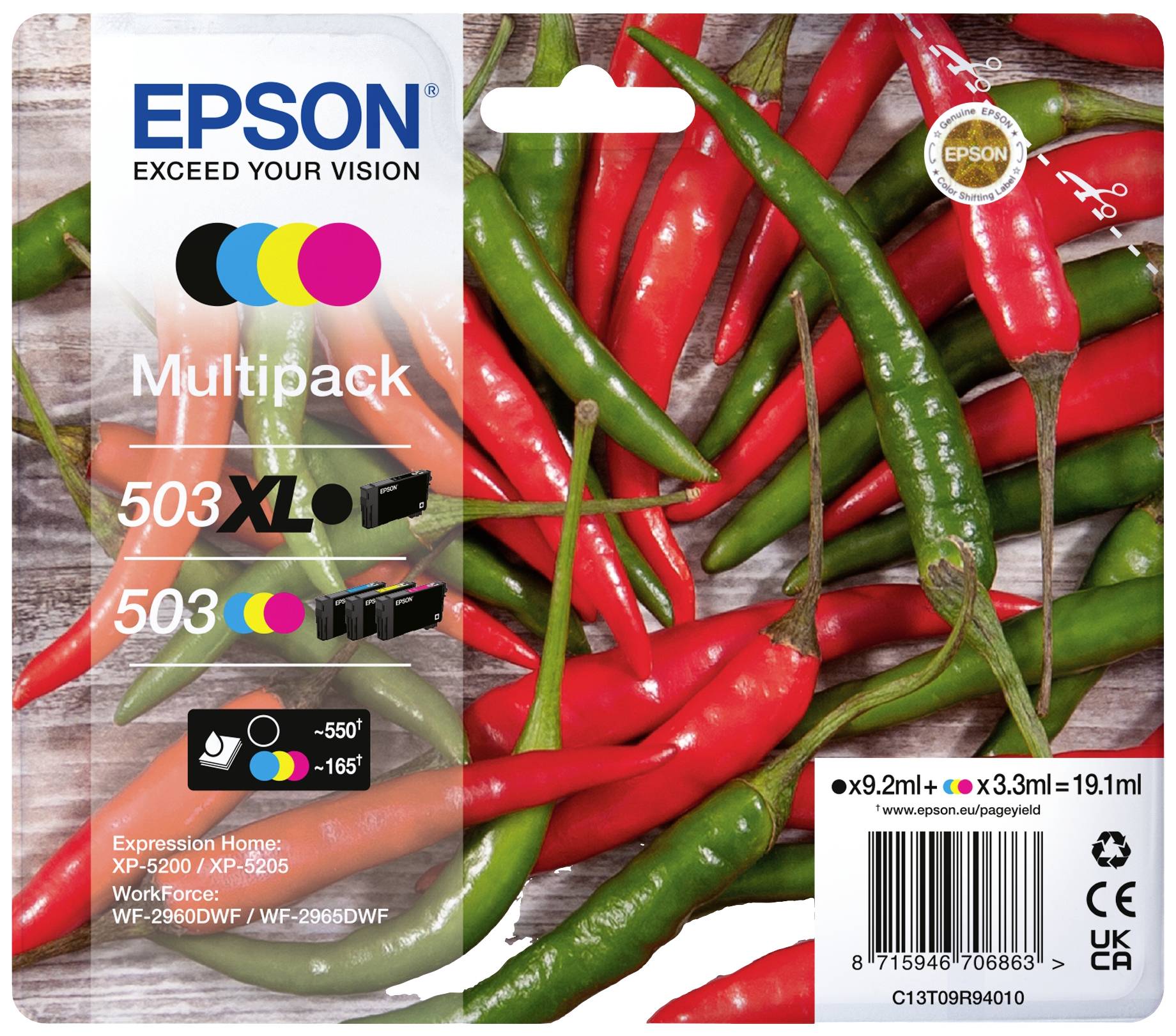Verpakking van Epson 503 Multipack-inktpatronen op een rode en groene chili-achtergrond. Bevat XL en standaardcartridges.