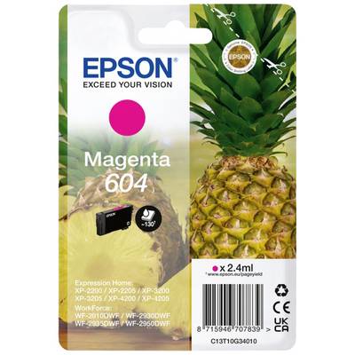 'Magenta Epson 604 inktpatroonpakket, compatibel met printers van de Expression Home en WorkForce series. Afgebeeld: Ananas.'