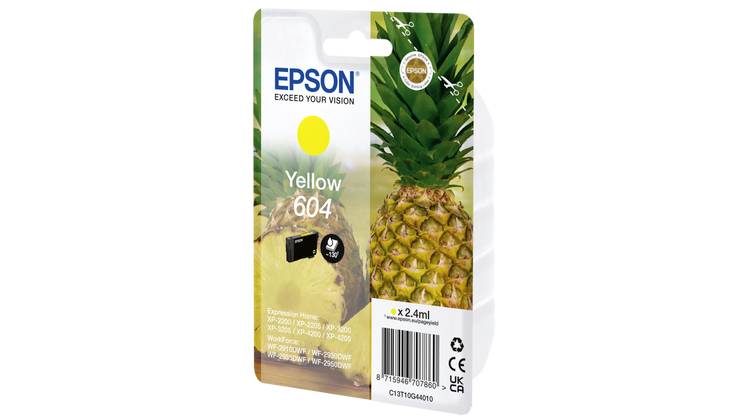 Epson inktcartridge in Geel, Model 604, met afbeelding van een ananas op de verpakking. Geschikt voor verschillende Epson-printermodellen.