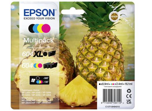'Epson inktpatronen-multipack 604 XL, afgebeeld op een ananasverpackung. Bevat zwarte en gekleurde inktpatroonset.'