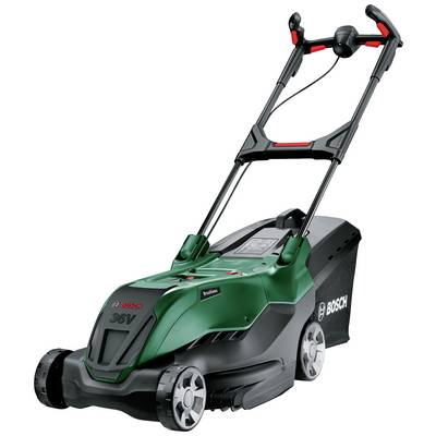 Een groene Bosch-grasmaaier met een zwarte handgreep en rode accenten. De voorkant is bedoeld voor het maaien van het gras en het achterste deel is de opvangzak.
