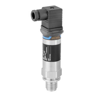 Druksensor met metalen schroefdraad en zwarte, haakse stekker voor industriële toepassingen.