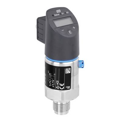 Druksensor met digitaal display en aansluitstekker. Toestel van metaal en kunststof voor het meten van vloeistof- of gasdruk.