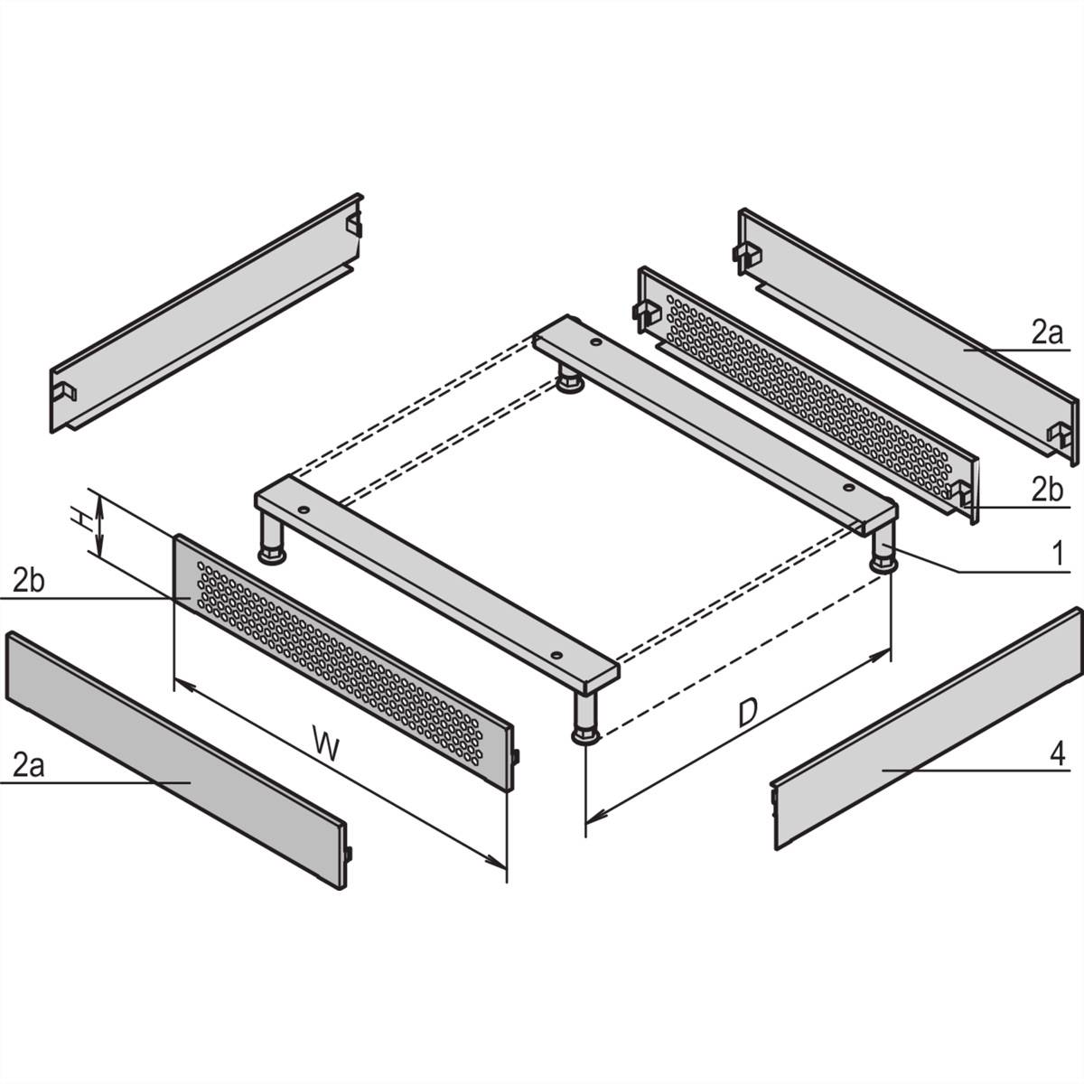 Explosietekening van een rechthoekig frame met labels: twee zijdelen (2a), twee eindstukken (2b) en basis (1, 4), afmetingen D en W.