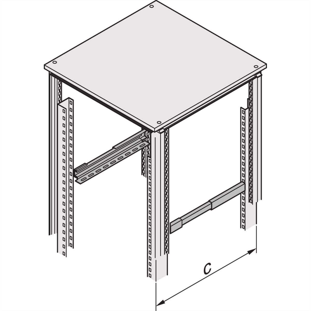 'Diagram van een tafelframe met vier ondersteunende metalen poten en een vierkant tafelblad. Afmetingen 'C' gemarkeerd aan de onderkant.'
