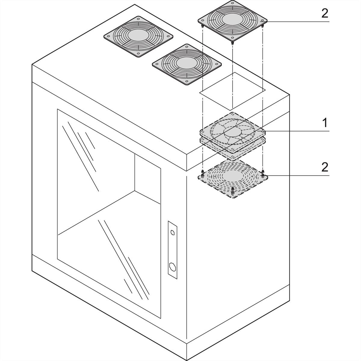 Een technische tekening van een computerbehuizing met een diagram dat de positionering van ventilatoren aan de bovenkant weergeeft.