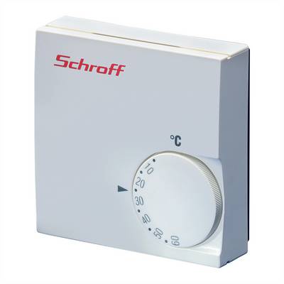 Een witte wandthermostaat met draaiknop die het temperatuurbereik van 0 tot 60 graden Celsius aangeeft. Markering bij 40 graden.