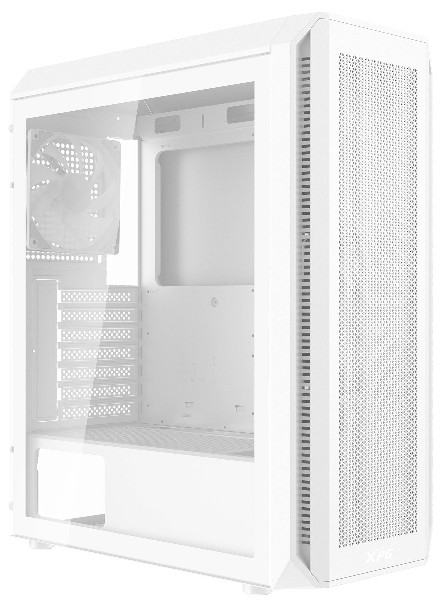 Computertoren-behuizing in het wit met een transparant zijraam, een zichtbare ventilator aan de achterkant en meerdere uitbreidingssleuven.