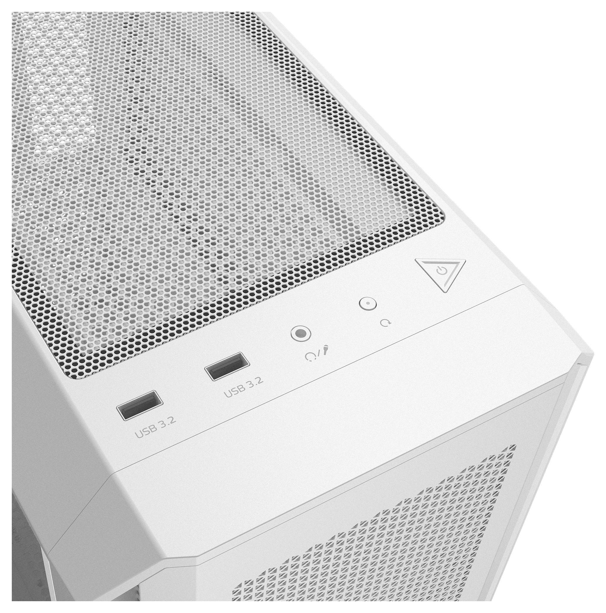 Een wit computerbehuizing met een frontrooster voor ventilatie, twee USB 3.2-aansluitingen en bedieningselementen op de bovenkant.