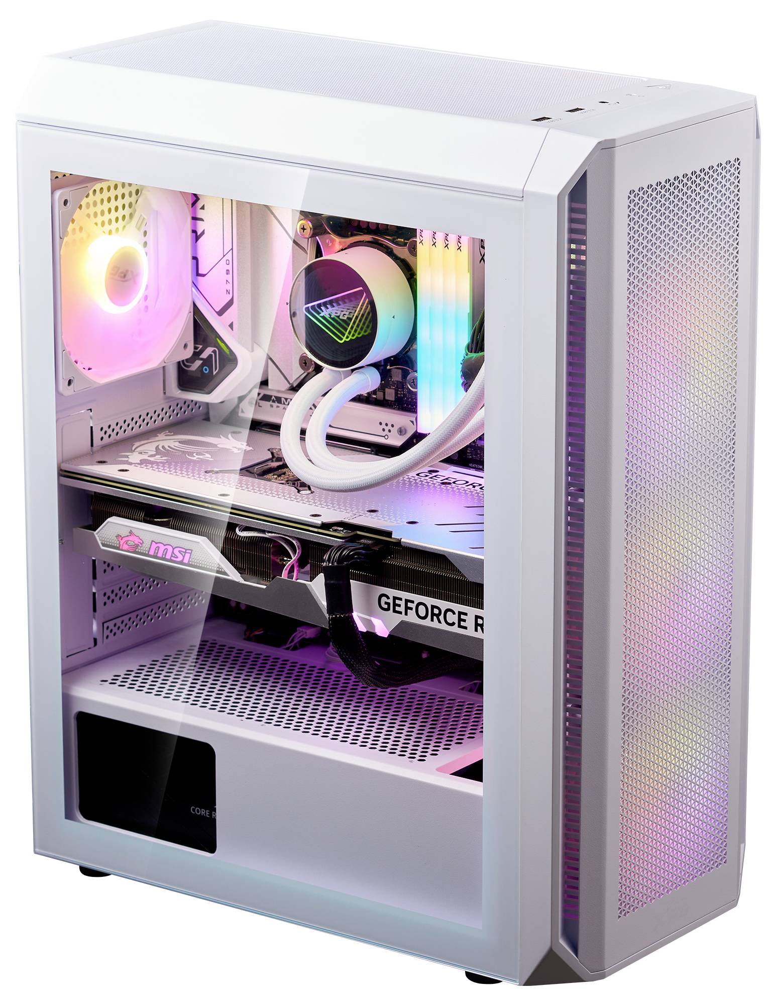 Een witte pc-toren met een transparant zijraam toont kleurrijke LED-verlichting en moderne componenten aan de binnenkant.
