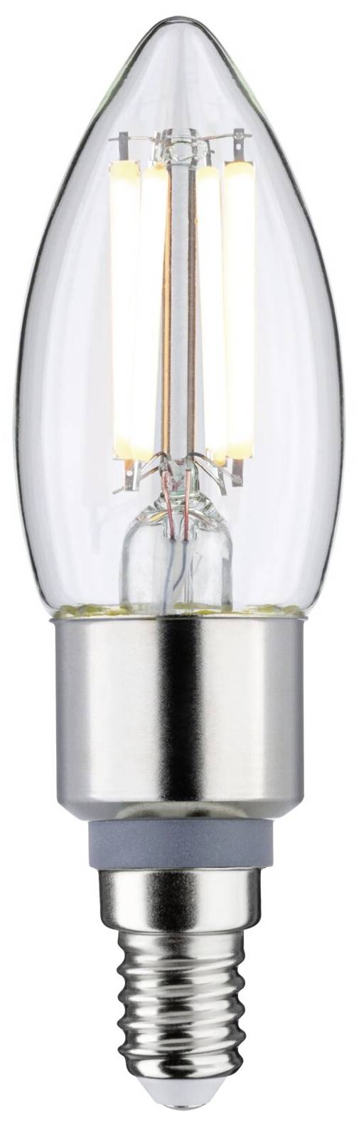 Gloeilamp met helder glas en zichtbaar gloeidraad, kaarsvorm, E14-fitting.