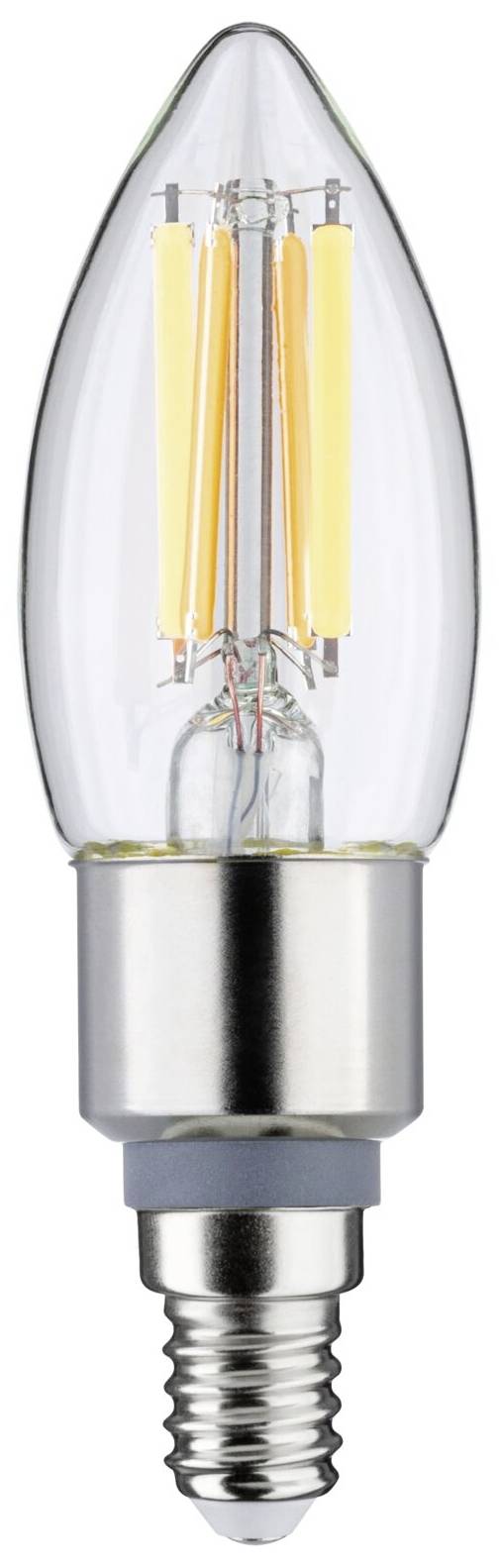 Een LED-lamp in kaarsvorm met helder glas en zilveren schroeffitting.