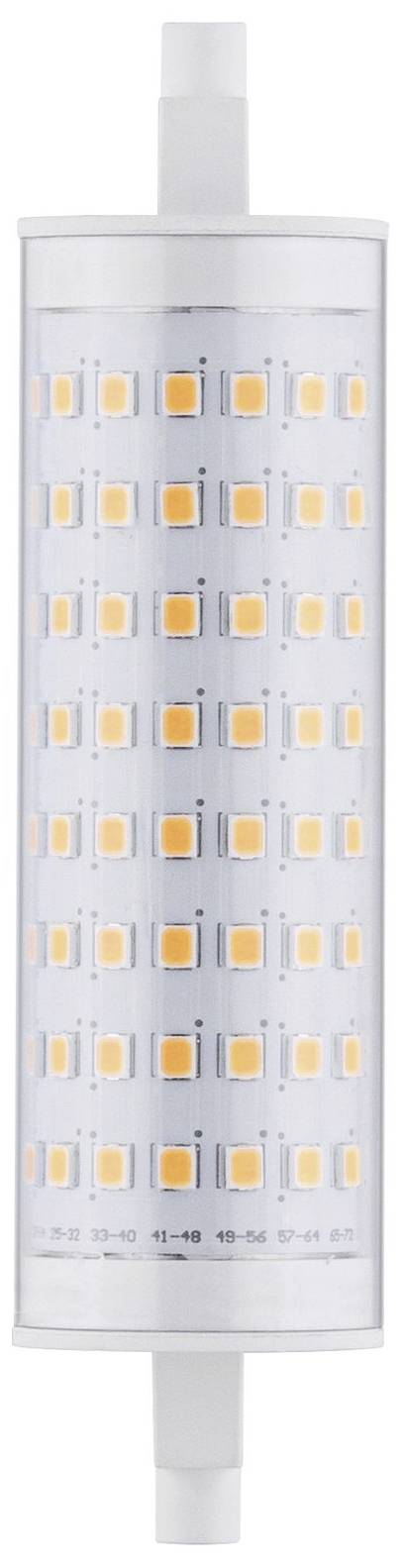 Een buisvormige LED-lamp met meerdere oranje LED-rijen en witte eindkappen, geschikt voor heldere verlichting.