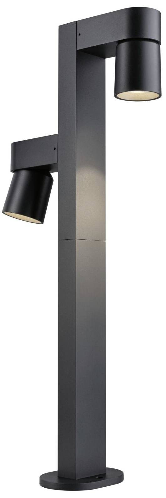 Moderne zwarte buitenlamp met twee verstelbare lichtbronnen op een robuuste, verticale metalen paal.