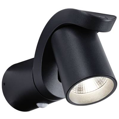 Zwarte, moderne buitenlamp met cilindrische lichtkop en bewegingssensor, gemonteerd aan een muur.