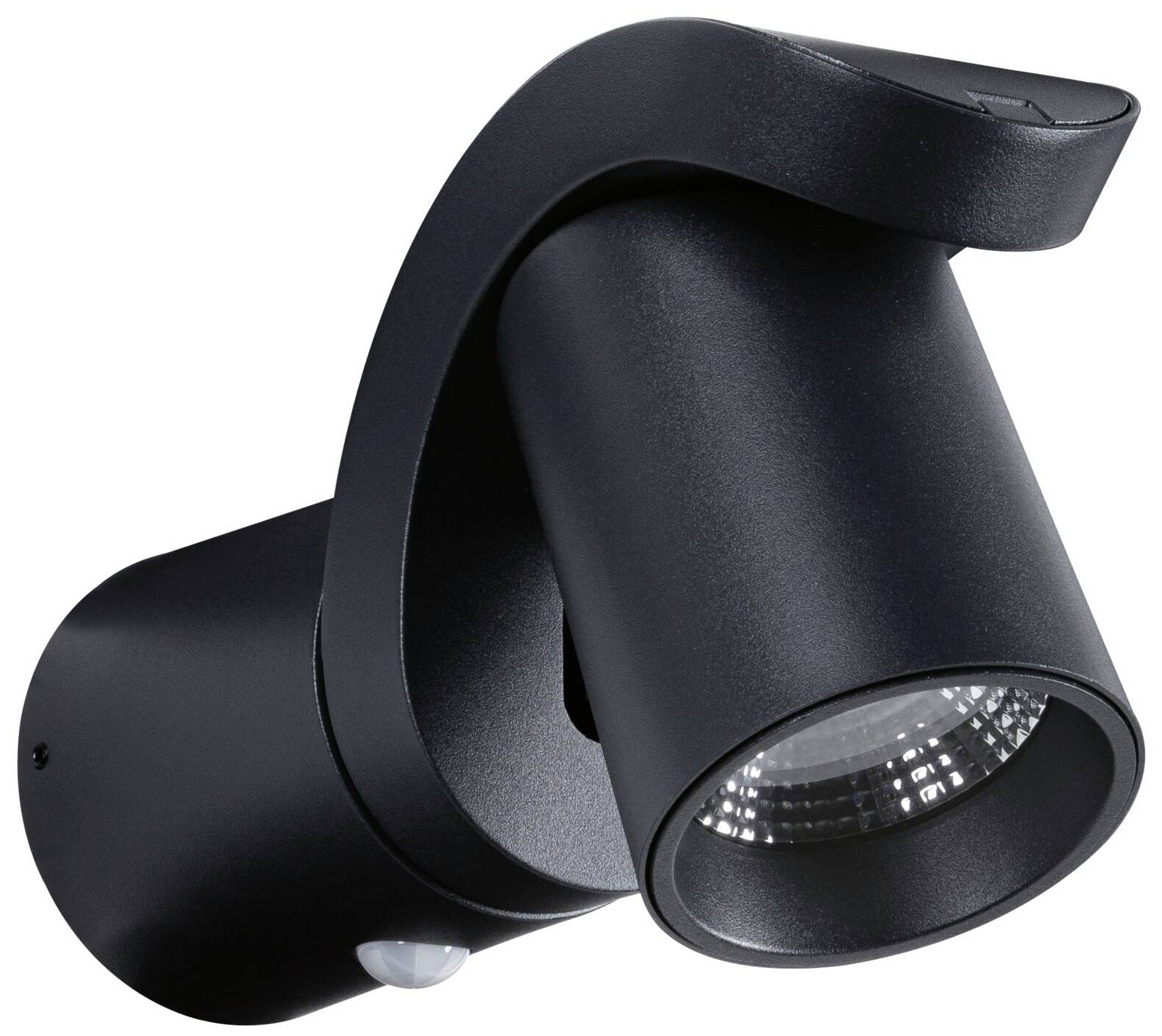 Zwarte LED-schijnwerper voor wandmontage, met beweegbaar hoofd, geschikt voor buitenverlichting.