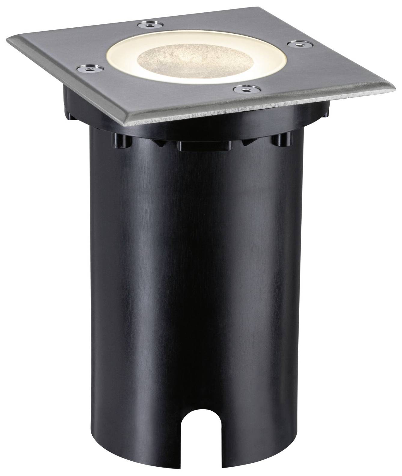Vloerspot met vierkante rvs-afdekking en rond, ingelaten verlichtingselement. Geschikt voor buitenverlichting.