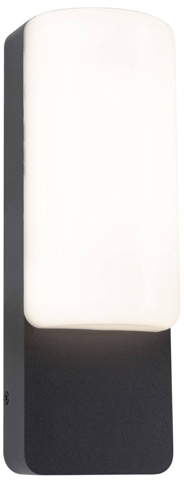 Zwarte wandlamp met rechthoekige, witte lampenkap.